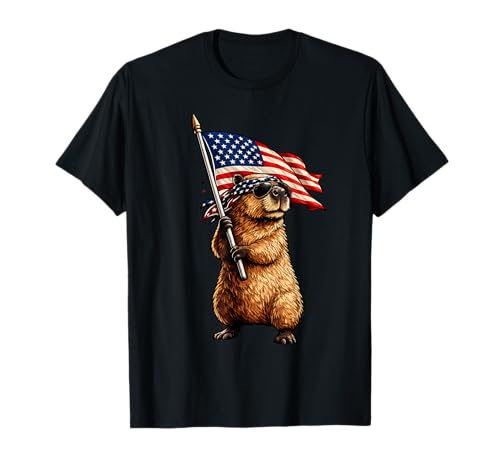 Funny Patriotic Capybara American Flag USA 4th of July T-Shirt