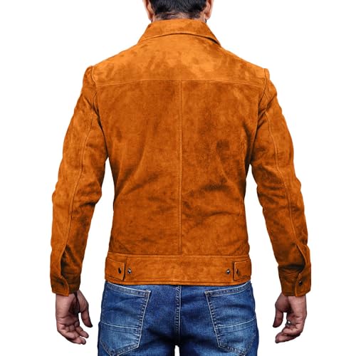 Image of Mens Polo Collar Zipper Suede Shirts Long Sleeve Shacket Suede Trucker Jacket Real Suede Leather Shirt