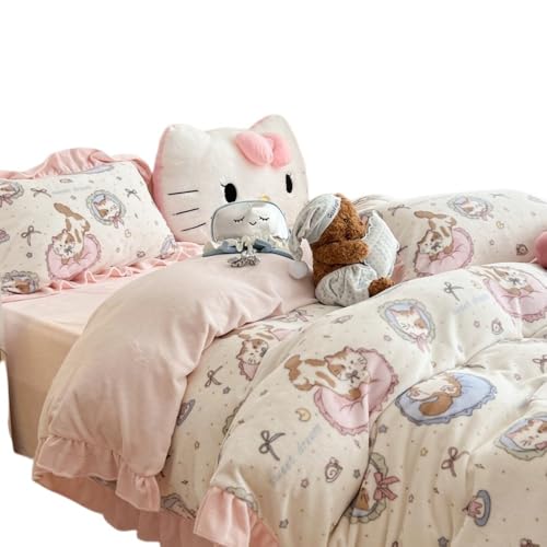 ふわふわの3点または4点の布団カバーセット、シングルとダブル、フリル付き、暖かいマイクロファイバー布団カバー、肌に優しく、厚く、秋と冬に最適、防寒。 (1.8m 4点ベッドセット(200×230cmの掛け布団に適合),子猫枕【レース厚手ミルクベルベット】)