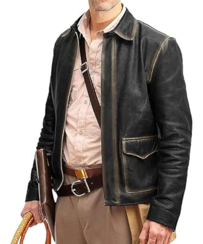 Image of Men's Classic Action Cowboy Distressed Brown Indiana Harrison Vintage Lambskin Bomber Leather Jacket