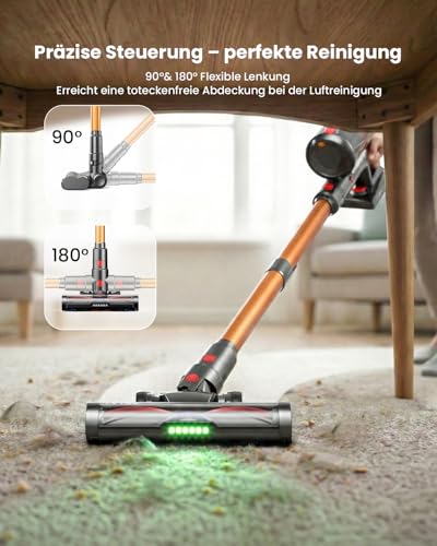 TVTAU Akku Staubsauger Kabellos 600W 50KPA 70Min Selbststehend mit Anti-Tangle-Bürste & LED-Display, 8-Fach Filtration, Wandhalterung, Für Tierhaare/Teppich/Hartböden/Auto