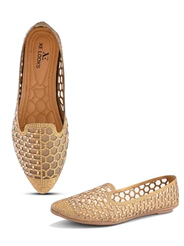 Image of XE Looks Elegant Rhinestone Studded Bellies | Hexagonal Cutout Pattern | Chic & Comfortable Slip-On Bellies For Girls & Womens