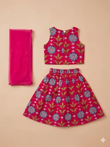 Image of A.T.U.N. (ALL THINGS UBER NICE) Baby Girls Cotton Ethnic Floral Lehenga Choli Set with Lace & Dupatta | Traditional 3-Piece Festive Outfit for Kids