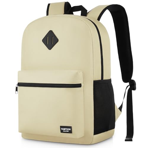 Mochila escolar YAMTION Unissex, mochila escolar clássica para adolescentes, para livros, com entrada USB para ensino médio, faculdade, escritório, trabalho, viagens, 39 cm, bege