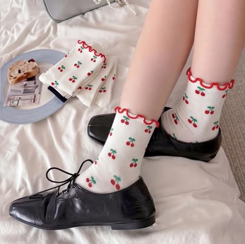 Image of Women's Cute Crew Socks, Casual Athletic Cotton Bowknot Cherry Calf Novelty Socks for Women