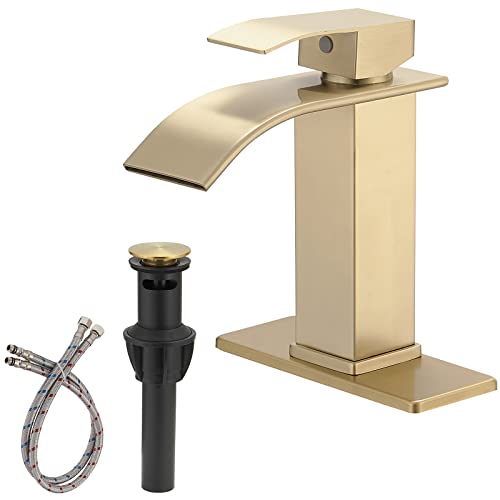BWE Bathroom Vessel Faucet, Brushed Gold Waterfall Faucet with Pop-up Drain and Water Lines for Vanity Sink, Stainless Steel Construction