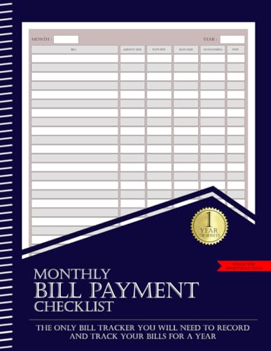 Bill Payment Checklist: Monthly Bill Payment Tracker 8.5' X 11' - 12 months