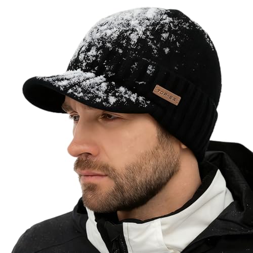 TOP-EX Waterproof Fleece Lined Beanies Hats with Peak for Men Winter Wooly Warm Cold Weather Thermal Knit Visor Cap Snow Big Head Black X-Large XX-Large XL XXL
