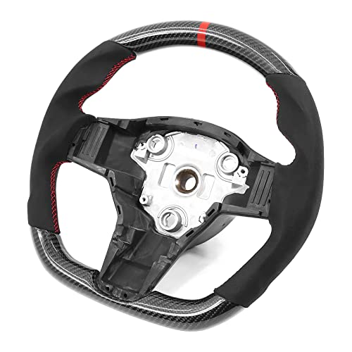 IKON MOTORSPORTS, Steering Wheel Compatible with 2017-2023 Tesla Model 3, 2020-2023 Tesla Model Y, Carbon Fiber + Synthetic Suede With Red Stitch & Indicator Steering Wheel Brushed Kit