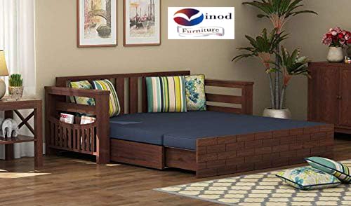 Image of Solid Sheesham Wood King Size Sofa Cum Bed Furniture Set With Storage And Cushions For Living Room (Walnut Finish) - 3 Seater