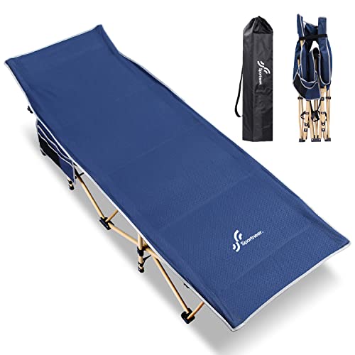 Image of Sportneer Camping Cot, Cot, Folding Bed, No Assembly Required, Load Capacity 440.1 lbs (200 kg), 74.0 x 28.0 inches (188 x 71 cm), Camping Bed, Outdoor Bed, Foldable, Lightweight, Waterproof, Breathable, Picnic with Pockets on Both Sides, Storage Bag, Navy Blue