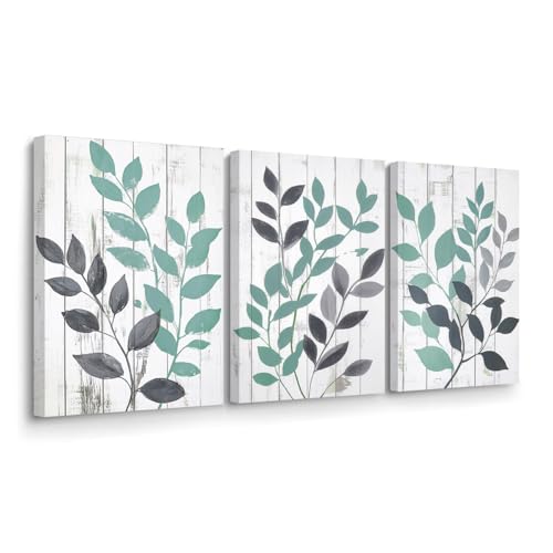 BJYCHG Leaf Canvas Wall Art 3 Panels Teal and Grey