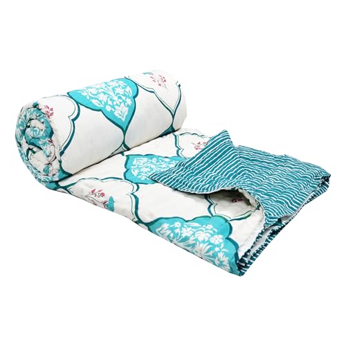 Image of BLOCKS OF INDIA Hand Block Printed Cotton King Size Quilt /Rajai | MUGHAL Turquoise