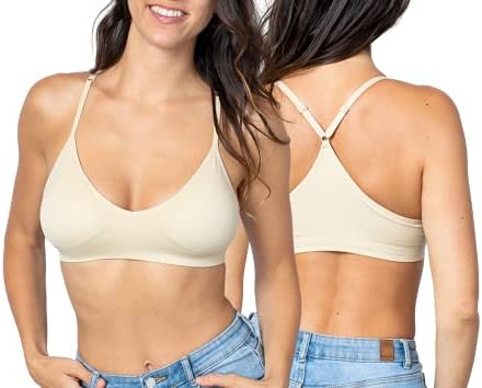 Blue 55 Women's Sexy Everyday Basic Deep V-Neck Padded Bralette Racerback (Removable Padding) (S/M, Beige)