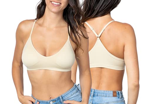 Blue 55 Women's Sexy Everyday Basic Deep V-Neck Padded Bralette Racerback (Removable Padding) (S/M, Beige) #TOP12
