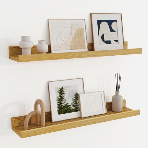 Feihorrm Étagère Murale en Bois de 60 cm, étagère Murale en chêne avec Tablette pour Cadres et Livres, Lot de 2, étagère Flottante en MDF pour Cuisine,...