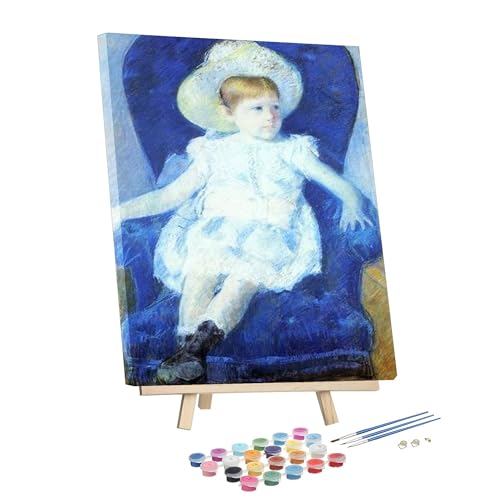 Pintura por números para adultos, pintura de Elsie en una silla azul de Mary Stevenson Cassatt enmarcada y caballete, kits de pintura por números para adultos para principiantes sobre lienzo,