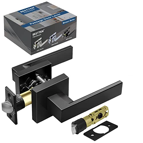 Bestten Matte Black Passage Door Lever With Removable Latch Plate, Monaco Series All Metal Square Inteiror Door Handle Set For Hallway, No Lock #TOP19