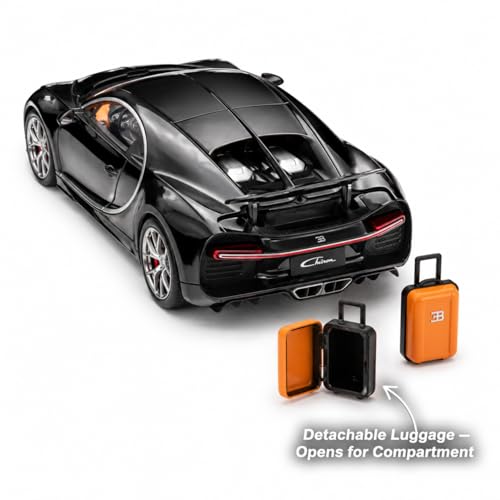 Image of Bugatti Chiron 1:24 Scale Die-Cast Car Model Black - Detachable Luggage Steering Wheel Sound Light Pull-Back Alloy Hypercar Collectible Toy
