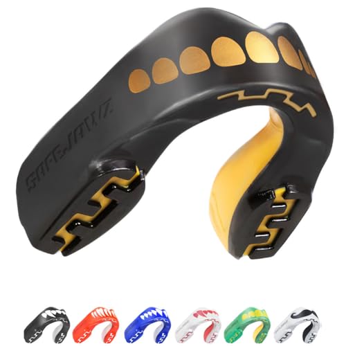 SafeJawz Sports Mouthguard, Dual Layer Premium Protection Mouth Guard with Case for Boxing, Basketball, Lacrosse, Football, Martial Arts, Hockey and All Contact Sports (Adult 12+ Years, Goldie)