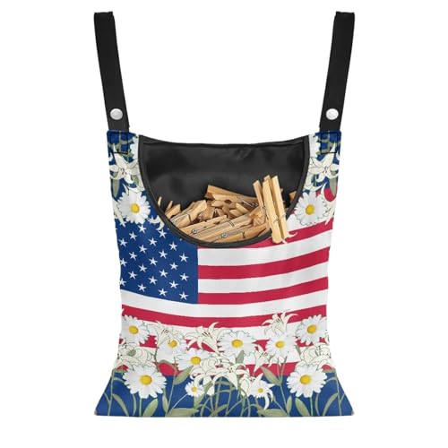 Psesaysky Daisy American Flag Clothes Pin Hanging Bag Large Capacity Clothesline Peg Organizer