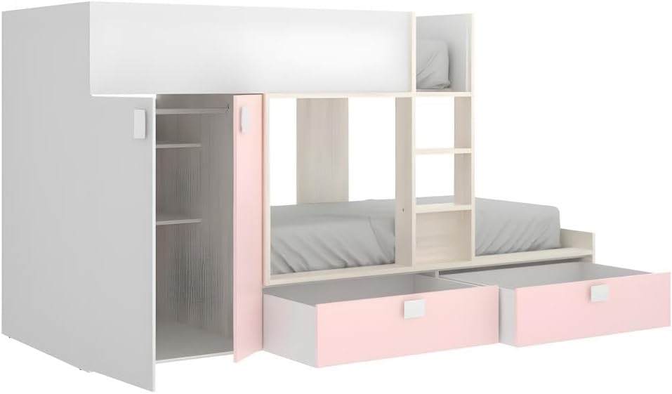 Vente-unique JUANITO Bunk Bed with wardrobe and drawers open, showing internal storage.