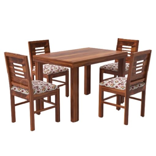 Image of VK Furniture Sheesham Solid Wood 4 Seater Dining Table Set of Four with 4 Print Cushion Chairs for Dinner Hall Kitchen Living Room Home Office Restaurant |L45 X W30 X H30|Natural Finish 01