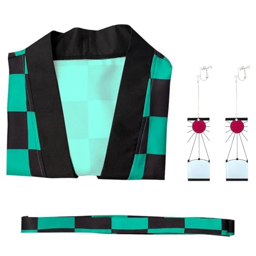 IOONCHI Tanjirou Robe Adult Green Plaid Cloak Kamado Tanjirou Cosplay Costume Color Block Kimono Cardigan Jacket Earrings Set