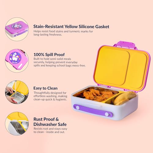 Image of rabitat Munchbee Pro Stainless Steel Kids Lunch Box 850ml- Food-Grade Steel Bento Tiffin | 2-Year Brand Warranty | Spill-Proof Flick-Lock | 3 Compartments, BPA-Free, School-Safe | Chatter Box