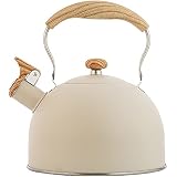 Beruyu Wasserkessel 2,5 L - Wasserkessel für Induktion und Gasherd - Edelstahl Teekessel mit klappbarem Griff - Flötenkessel zum Kochen von Wasser, Tee oder Kaffee (Beige)