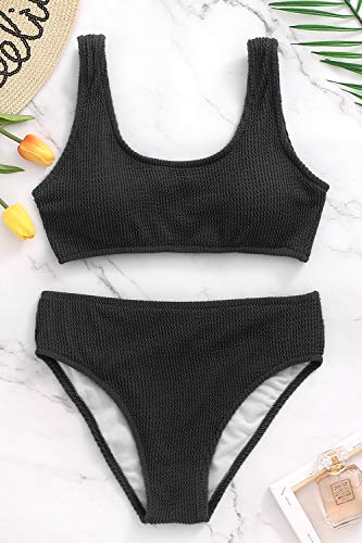 Womens Swimsuits Two Piece Sports Bathing Suits Crop Tops Ribbed Bikini Sets Swimwear Bottoms Black #TOP5