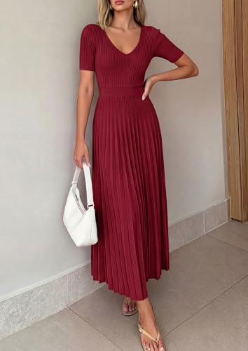 Image of PRETTYGARDEN Women's 2026 Spring Midi Sweater Dresses Elegant Pleated Ribbed Knit Short Sleeve V Neck A Line Summer Outfits