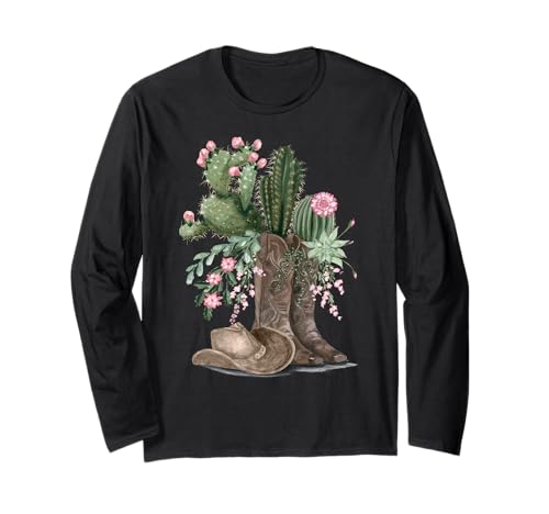 Western Life Cowboy Boots Sombrero y Cactus Cactus Flor Manga Larga