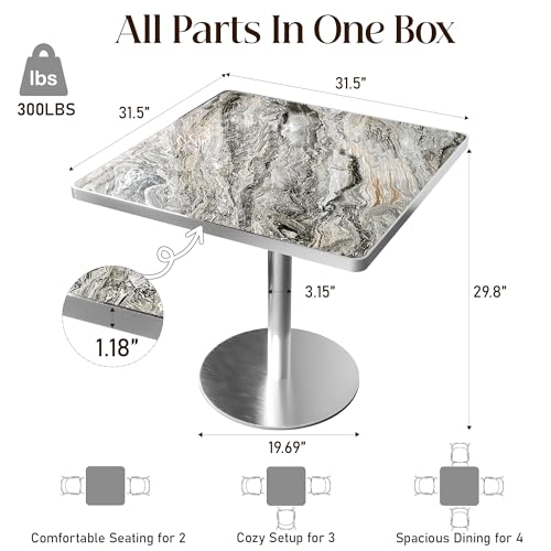 Image of 63 inch Square Dining Table, Tulip Table with 1.2 inch Thick Sintered Stone Tabletop and Silver Metal Pedestal Base,Small Square Dining Tables for Diner,Bar,Restaurant,kitchen,Bakery,Apartment(Starlight Gray)