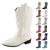 MJGkhiy Botas de Mujer Texanas Altas Western Boots Con Tacón Camperos Botines De Punta Negras Cowboy Botas De Invierno Ante Botín Piel Bota Cómodas, Color blanco., 40 EU