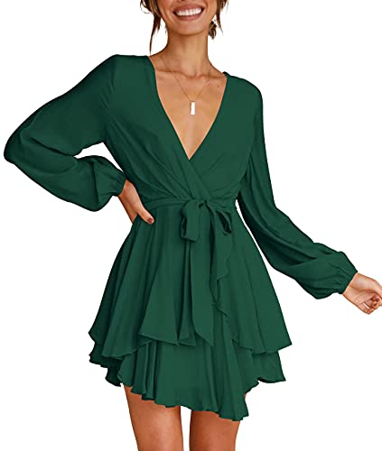 Womens Cocktail Dress Deep V-Neck Long Sleeve Tie Waist Flowy Dresses Green XS Womens Cocktail Dress Deep V-Neck Long Sleeve Tie Waist Flowy Dresses Green XS