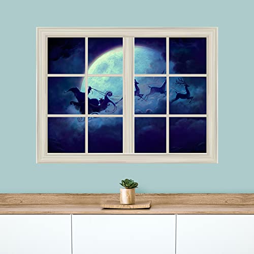 Wall26 Santa Claus And Reindeer Flying Under The Moon Window View Mural Wall Sticker - 36"X48" #TOP2