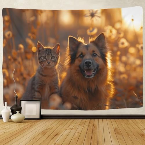 Tenture murale chien et chat 300x220 cm en tissu pour décoration de salon