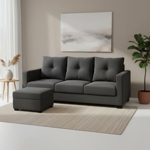 Image of FURNY Amonster 4 Seater L Shape Sofa Set with Movable Ottoman | Flexible Left or Right Layout | Plush Velvet Fabric (Dark Grey) | Perfect for Living Room, Guest Room & Office