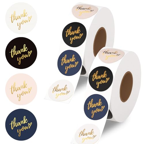 Thank You サンキューシール 1000枚 大量 2ロール DARENYI 感謝シール ありがとうシール Thank you シール ラッピング プチギフト お礼状 ハンドメイド ありがとう 内祝い お返し業務用 ギフトシール 25mm (丸型 4色)のサムネイル