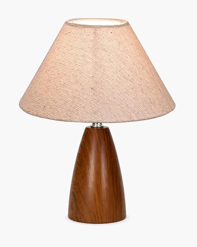 Image of Homesake Wood Grain Pattern Small Table Lamp, Desk Light, Wooden Bedroom Lamps for Nightstand, Scalloped Lamp Shade Table Lamps Small Spaces, Bedroom, Living Room, Taper Cone, (Jute Cone)