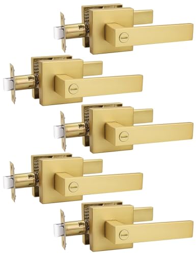 Tinewa 5 Pack Heavy Duty Gold Square Privacy Interior Door Levers, Satin Brass Finish, Bedroom and Bathroom Door Handles Keyless Bed/Bath Lockset