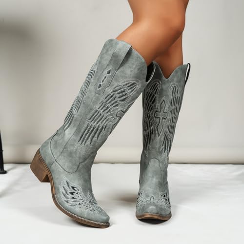 Chic Women's Embroidered Western Cowboy Boots – Angel Wings Design, Slip-On Mid-Calf Boots with Chunky Heel, Vintage Cowgirl Boots for Rodeo, Casual & Party Wear3