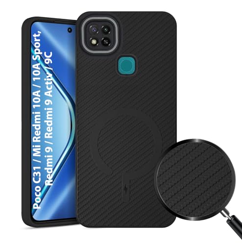 Image of LIRAMARK Rugged Carbon Fibre TPU Armor Silicone Back Cover Case for Poco C31 / Mi Redmi 10A / 10A Sport, Redmi 9 / Redmi 9 Activ / 9C