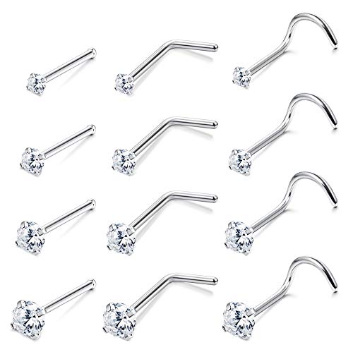 Sllaiss 12pcs austrian zirconia l shaped nose rings for women men…