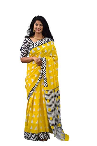 JALTHER Handicrafts Women's Ikat Hand Block Print Jaipuri Cotton Mulmul Saree with Blouse Piece - Yellow
