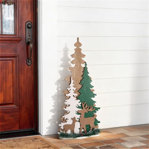 Image of Glitzhome 35.5 inchH Wooden Christmas Tree Porch Sign,Standing Porch Decor with Reindeer and Pinecone,Merry Christmas Welcome Sign for Holiday Front Porch Outdoor Decorations