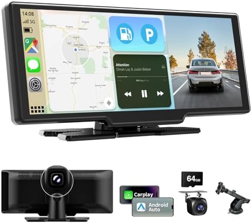 10.26 Inch Wireless Apple Carplay Screen for Car, Apple Car Play and Android Auto Screen with 4K Dash Cam Front and Rear Camera HD 1080P/FM/AUX/64G TF/Mirror Link/Voice Control/GPS Navigation