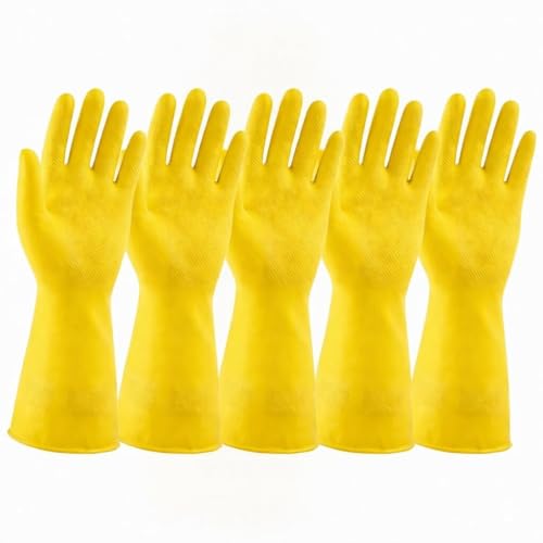 Image of LADWA Premium Rubber Household Cleaning Gloves, Yellow and Red Color Reusable Waterproof Gloves for Kitchen Cleaning, Dishwashing, Gardening and Bathroom Use with Comfortable Fit (Pack of 5 Pairs)