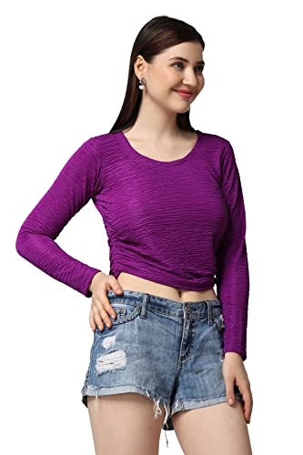 Image of POPWINGS Casual Self Design Regular Fit Polyester Full Sleeves Crop Tops for Women with Crush String